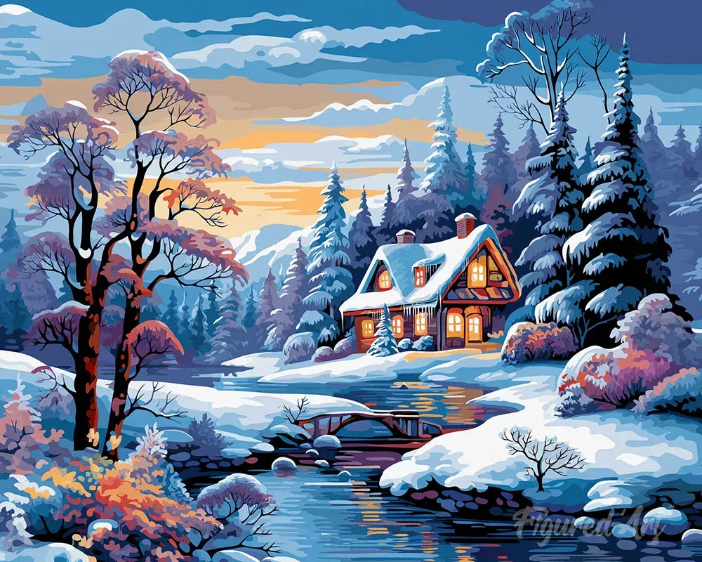 Broderie diamant Cottage de la Rivière en Hiver - 20x25 cm
