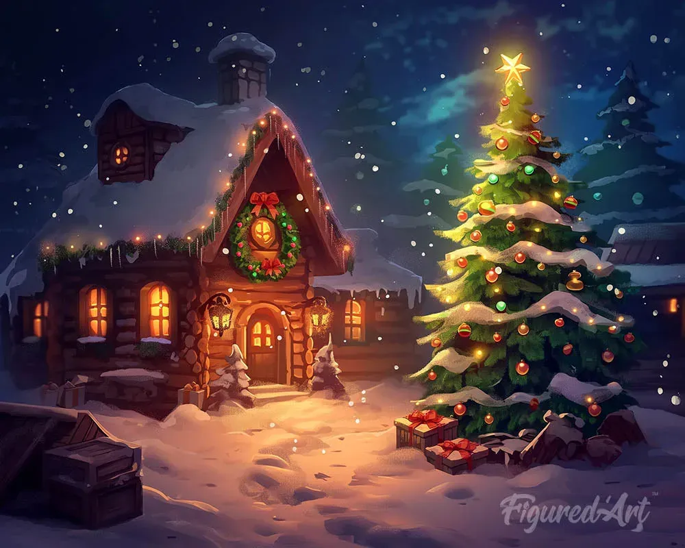 Broderie diamant Cottage de Noël enneigé - 20x25 cm