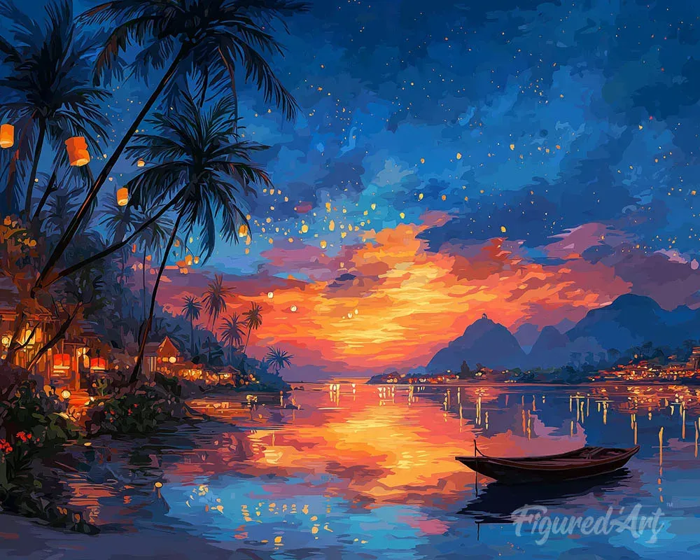 Broderie diamant Coucher de soleil sur la plage et lanternes