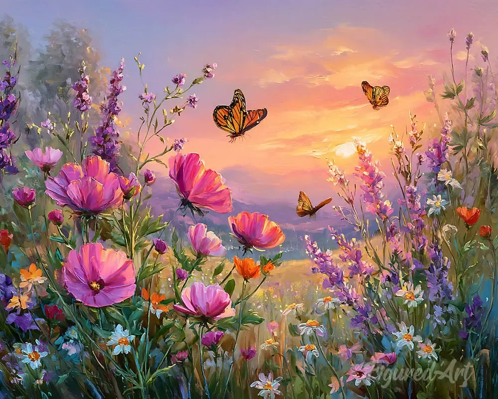 Broderie diamant Coucher du Soleil parmi les Fleurs