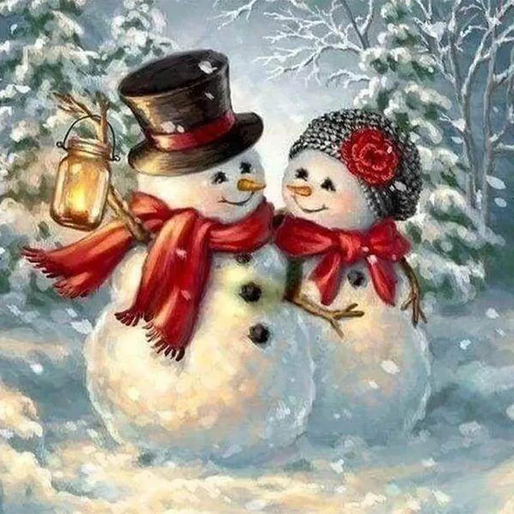 Broderie diamant Couple de Bonhommes de Neige