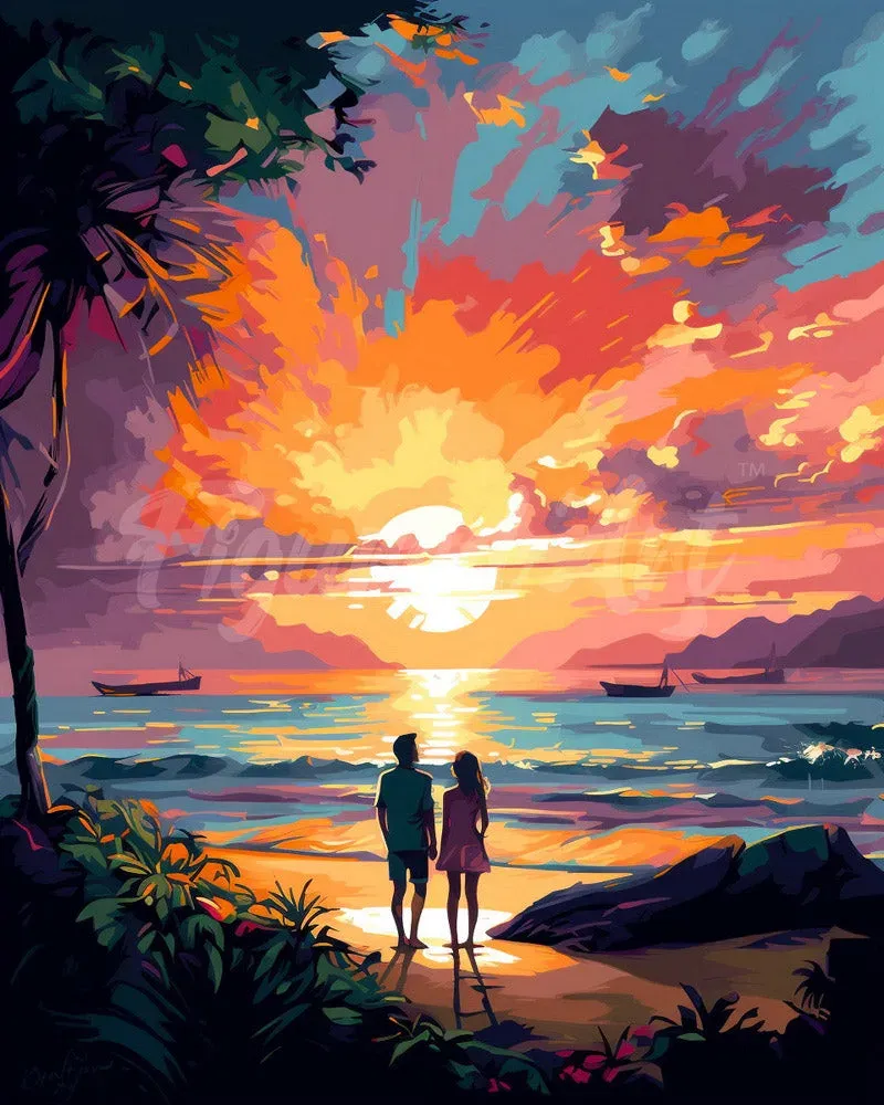 Broderie diamant Couple et coucher de soleil coloré - Toile tendue sur châssis