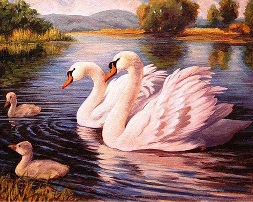 Broderie diamant Cygnes et leurs petits - Élégance naturelle en kit