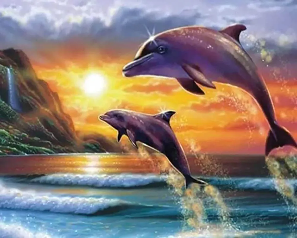 Broderie diamant dauphins au lever du soleil - Mers de France