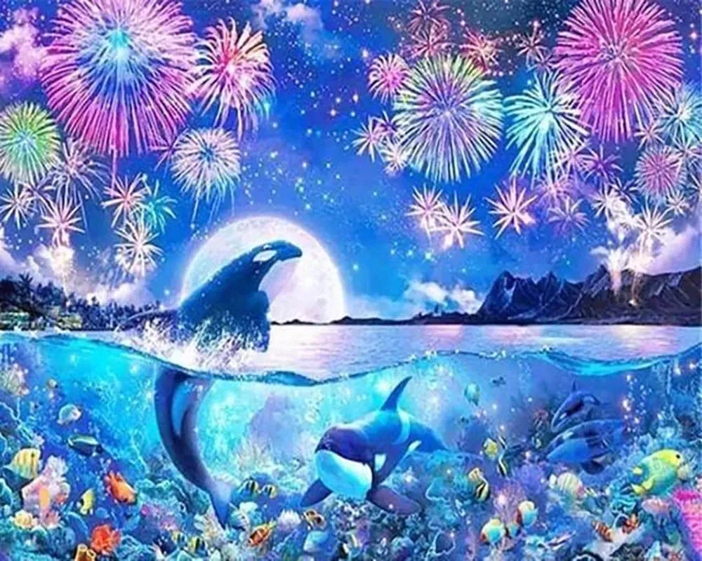 Broderie diamant dauphins et feu d'artifice sur fond marin scintillant