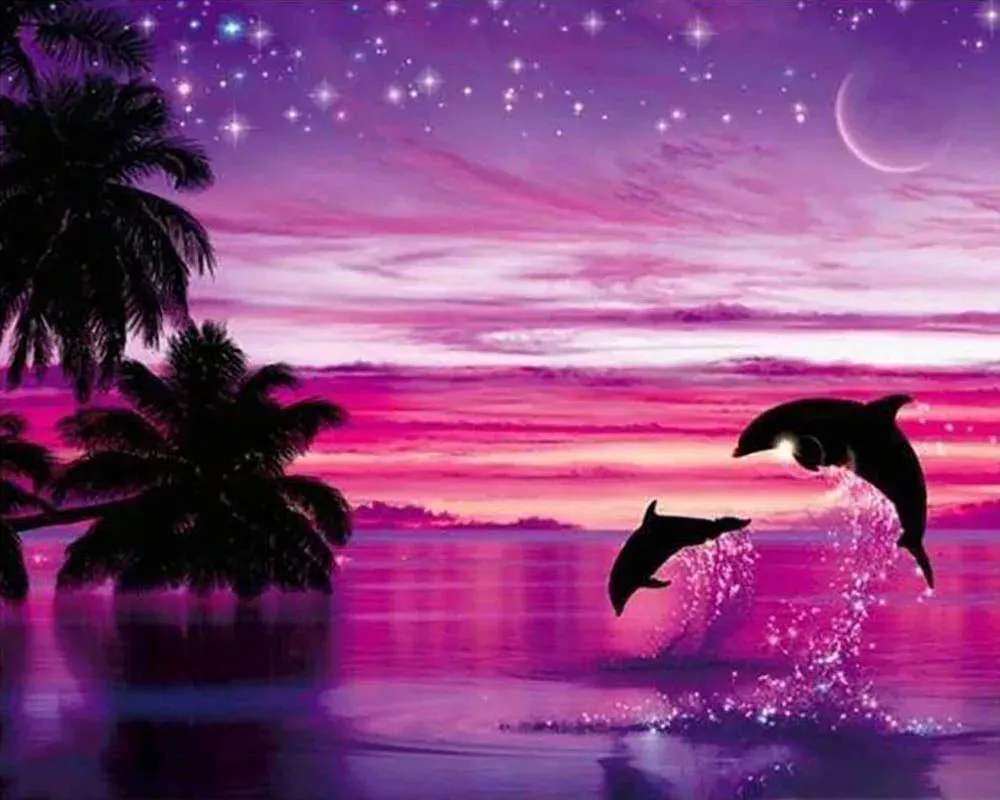 Broderie diamant dauphins - Scène marine joyeuse et lumineuse