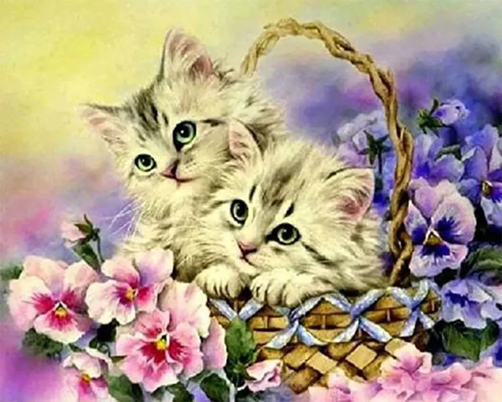 Broderie diamant Deux Chats et Fleurs - Élégance féline et douceur florale