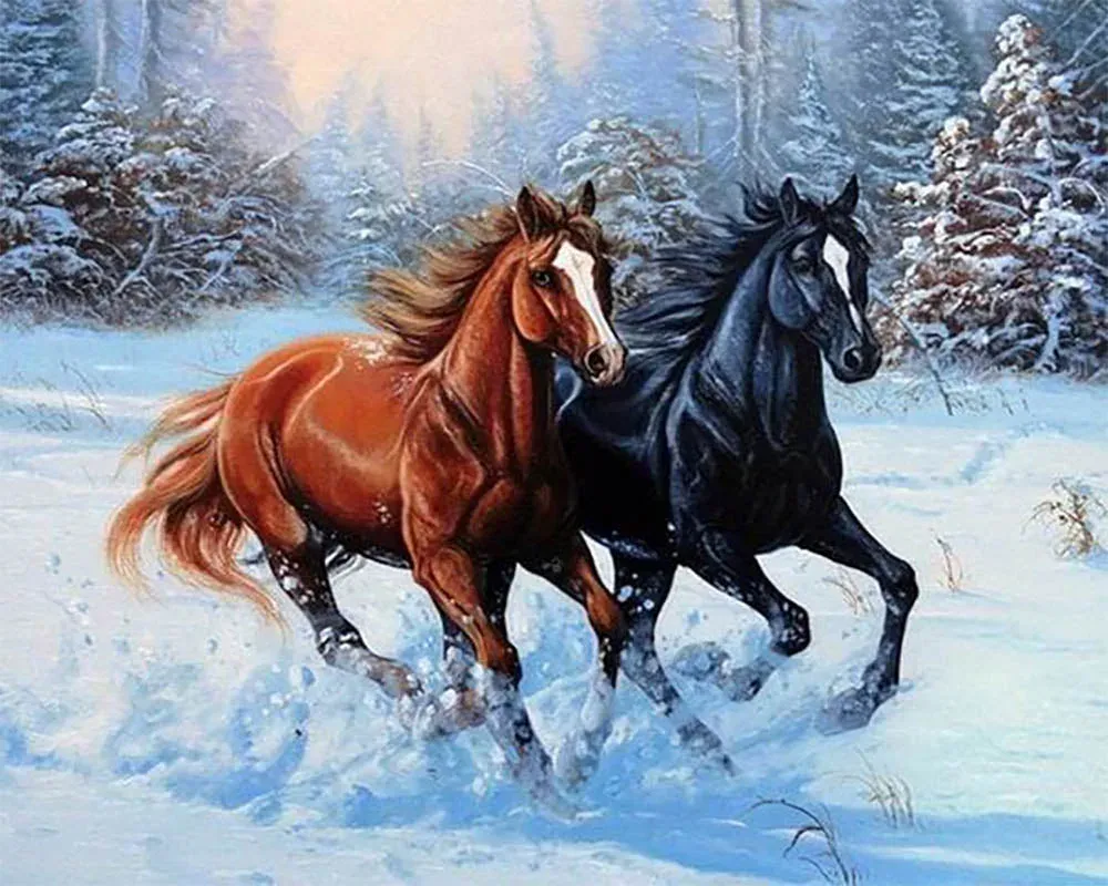 Broderie diamant chevaux en hiver - Paysage français enneigé