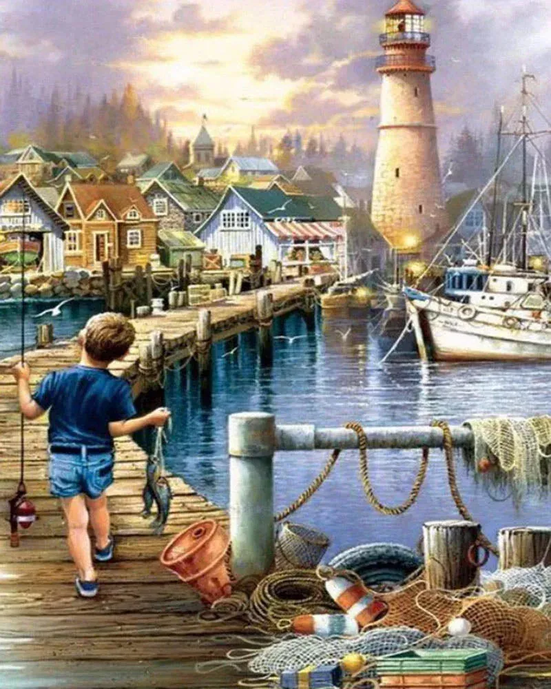 Broderie diamant Enfant marchant sur le port