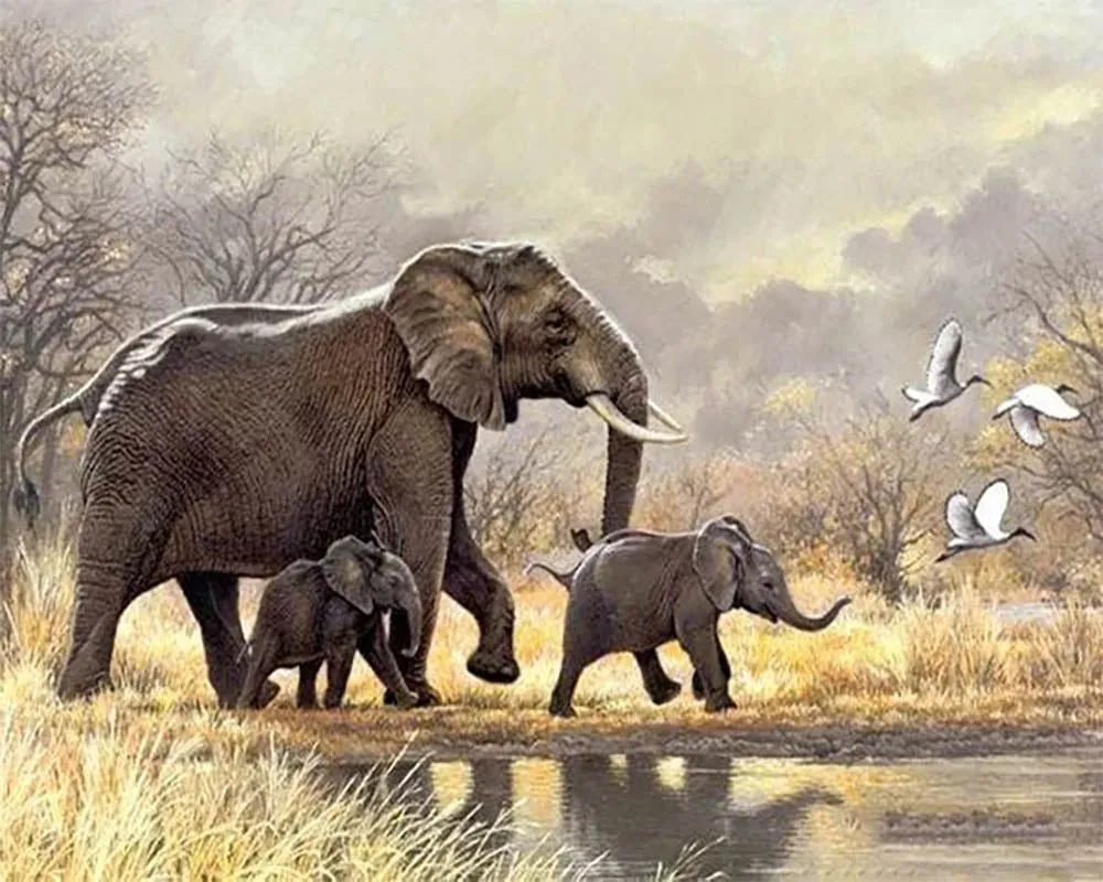 Broderie diamant Famille d'Eléphants dans la savane