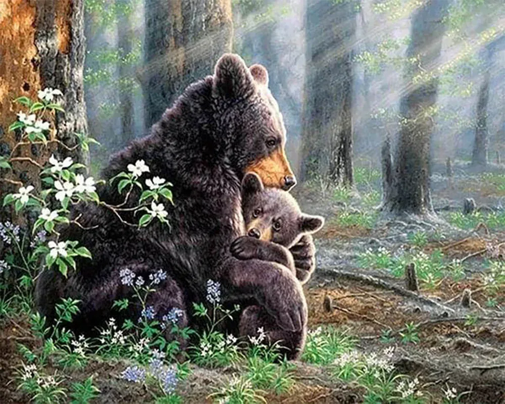Broderie diamant famille d'ours - Scène tendre et naturelle en résine