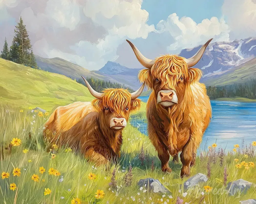 Broderie diamant Famille de vaches Highland au lac