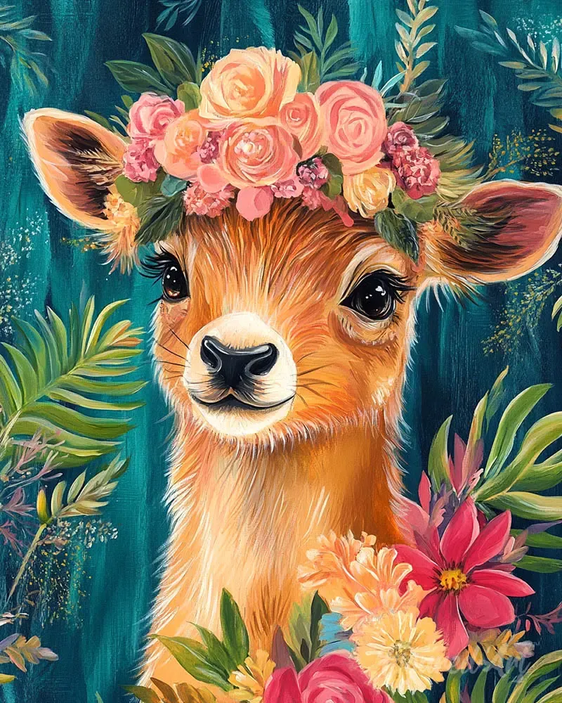 Broderie diamant Faon fleuri - Scène animalière tropicale élégante