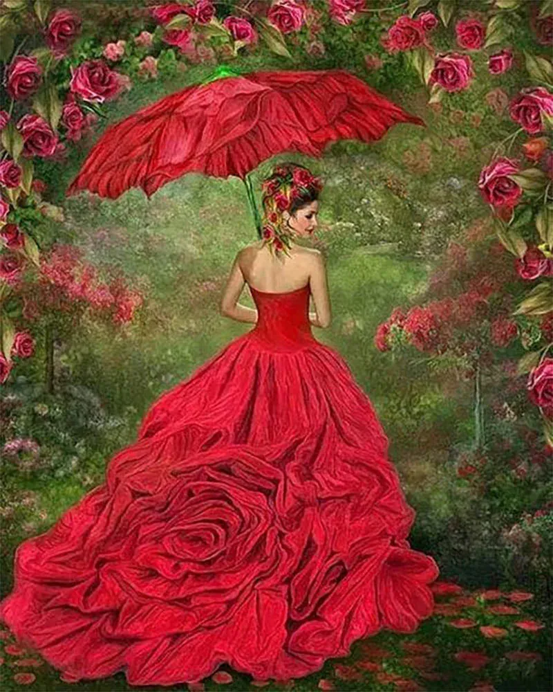 Broderie diamant Femme à la Robe rouge