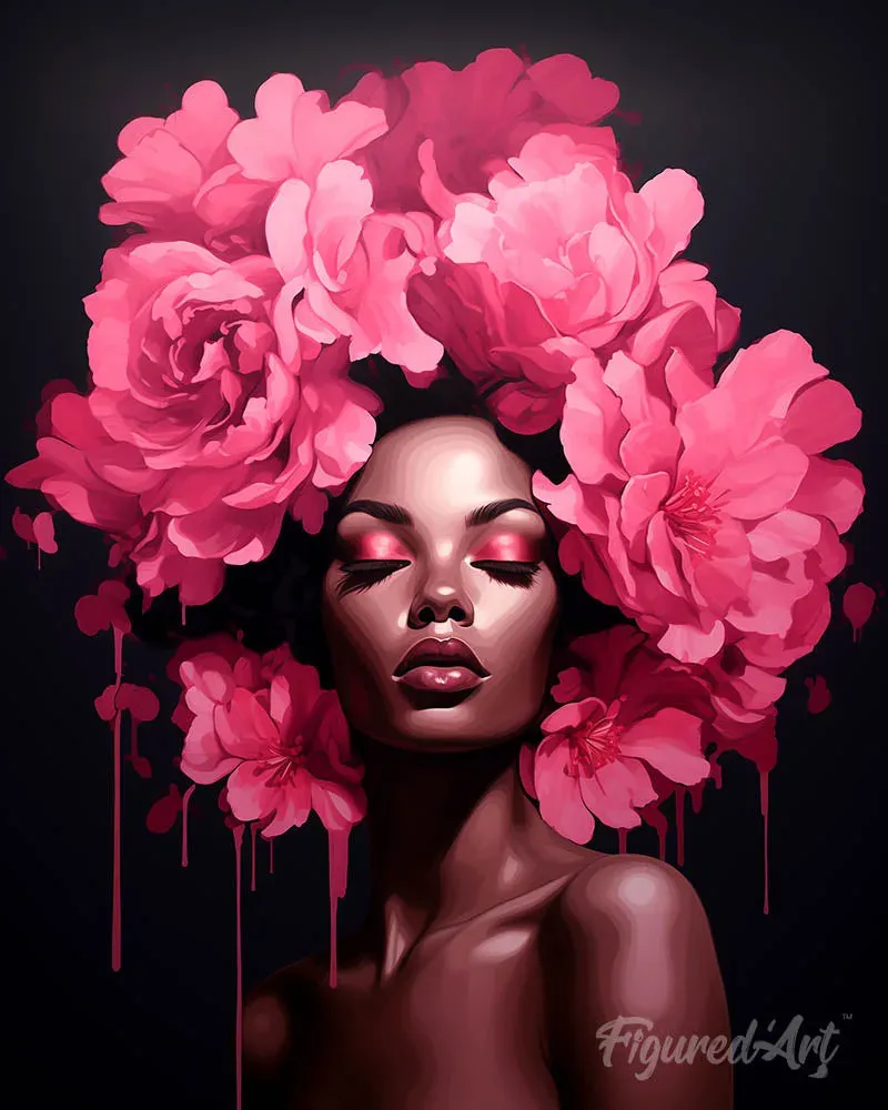 Broderie diamant Femme aux cheveux de pivoines - 40x50 cm