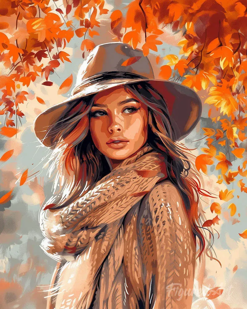 Broderie diamant Femme dans le vent d'Automne - 40x50 cm