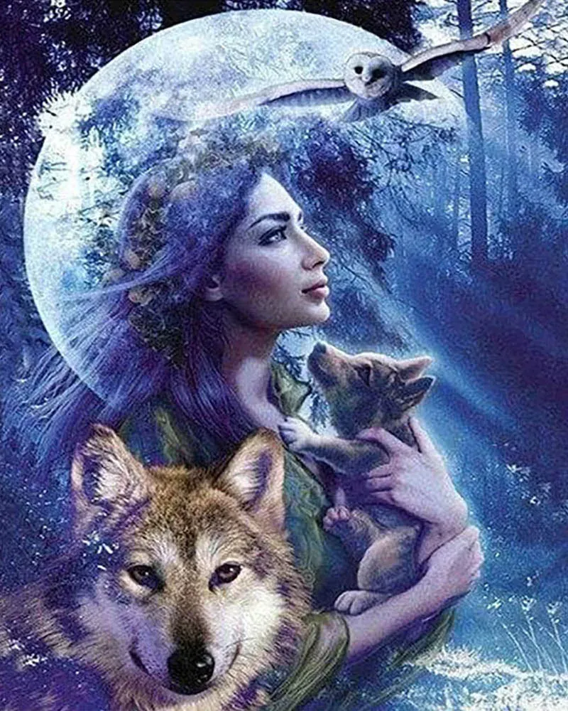 Broderie diamant Femme des bois et Loup - Portrait sauvage et poétique