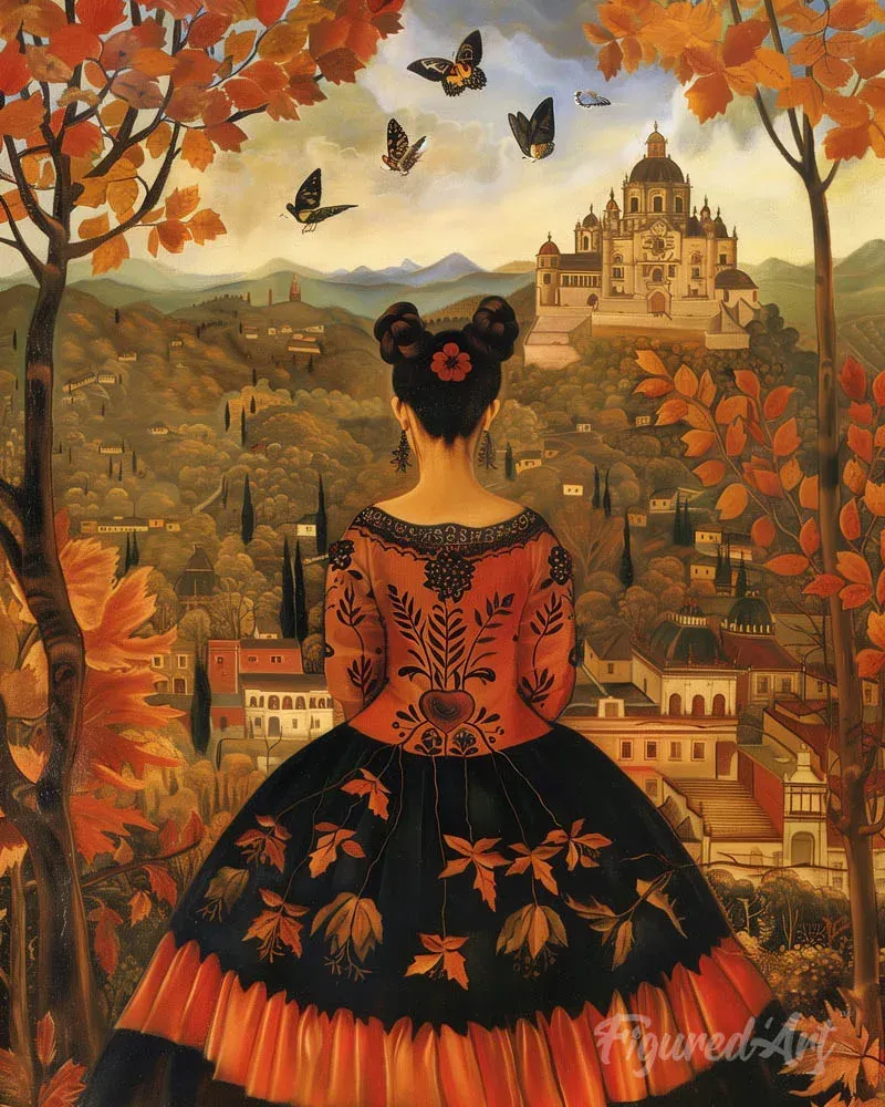 Broderie diamant Femme en Automne inspirée de Frida Kahlo