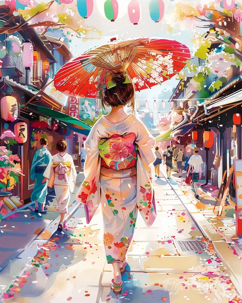 Broderie diamant Femme en Yukata dans une Rue animée - 40x50 cm