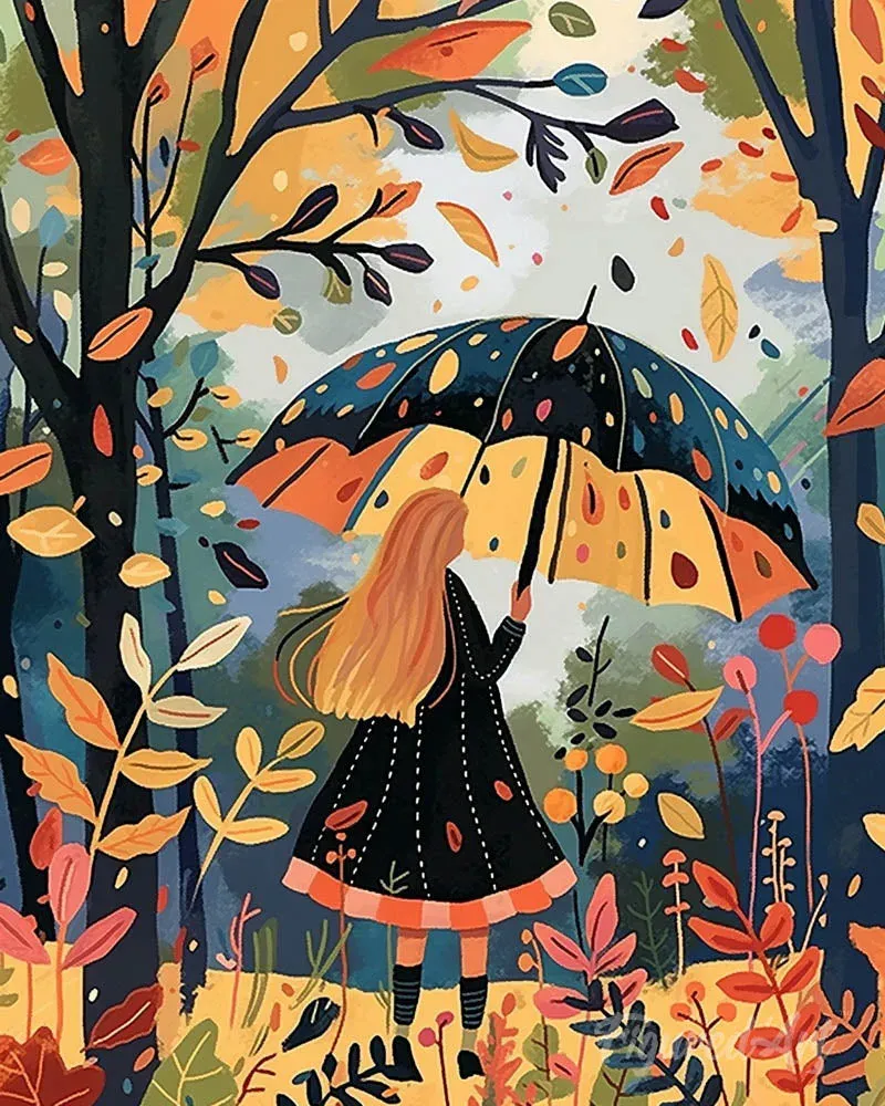 Broderie diamant Femme et parapluie en Automne