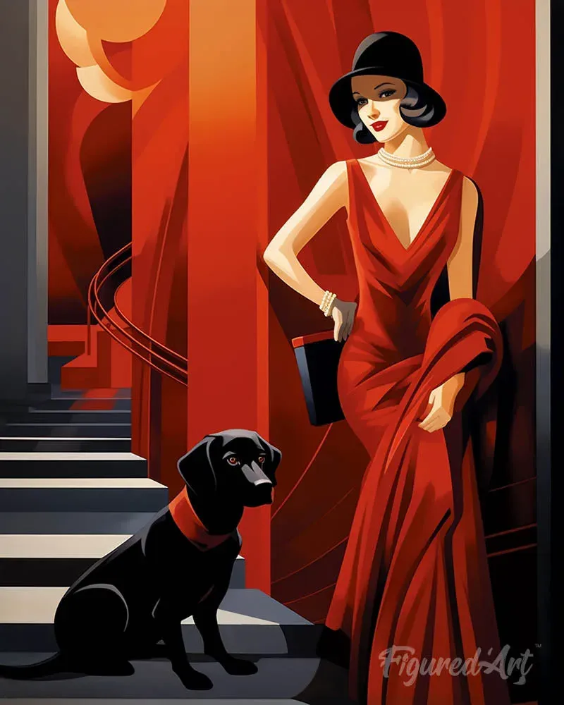 Broderie diamant Femme et son Chien Art Déco