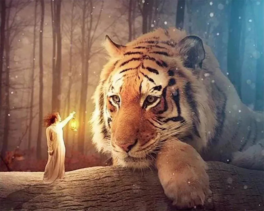 Broderie diamant Femme et Tigre