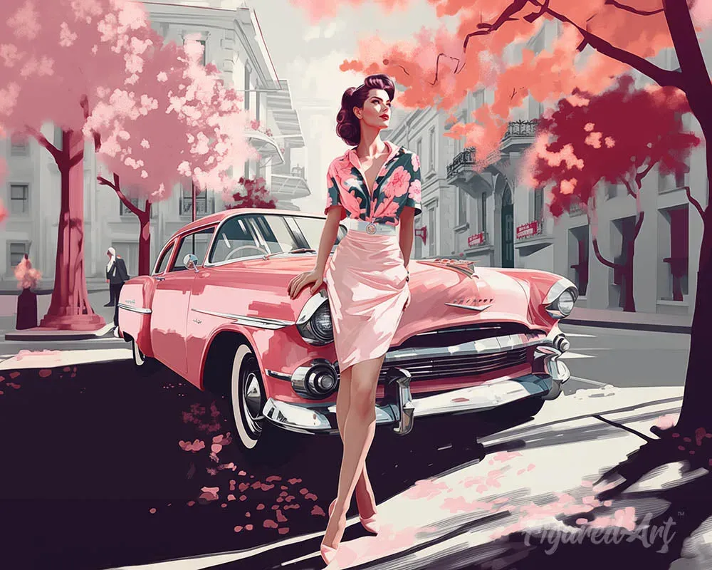 Broderie diamant Femme et voiture classique rose