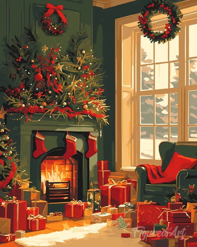 Broderie diamant Feu de Cheminée à Noël - 20x25 cm