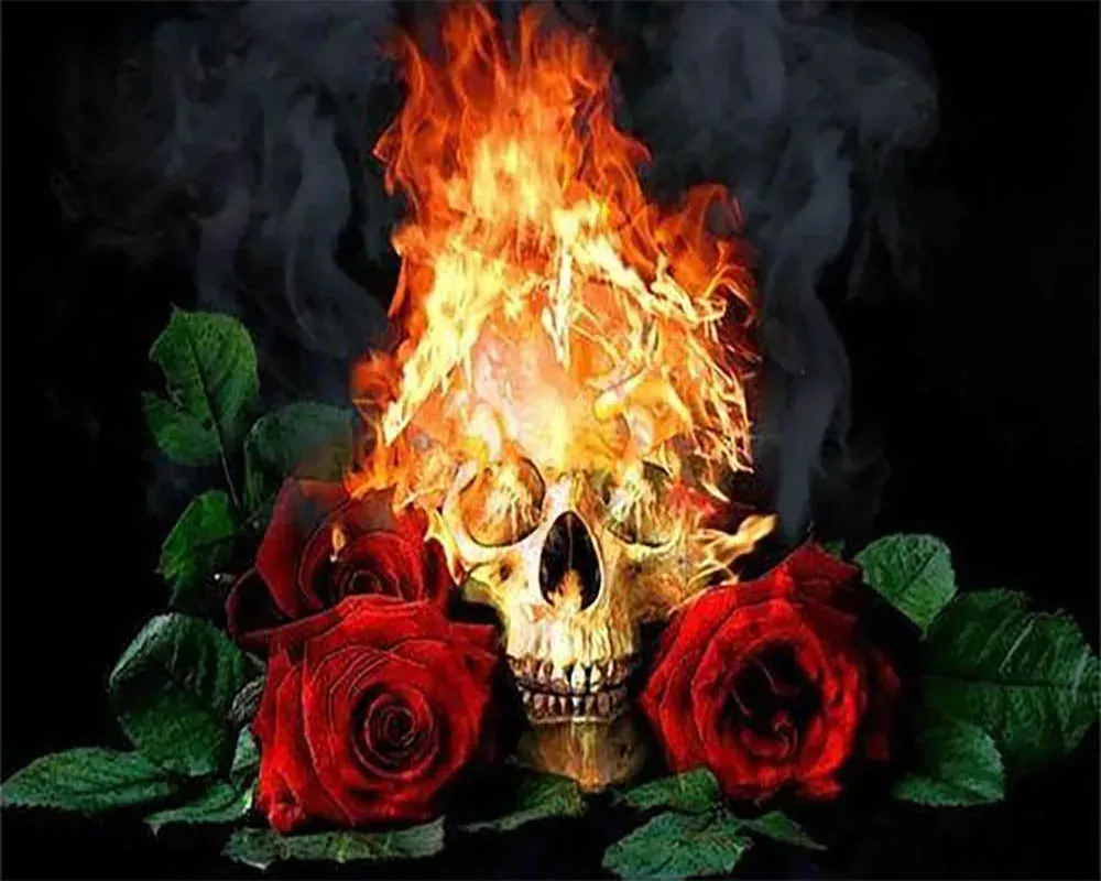 Broderie diamant Feu de Roses et Crâne