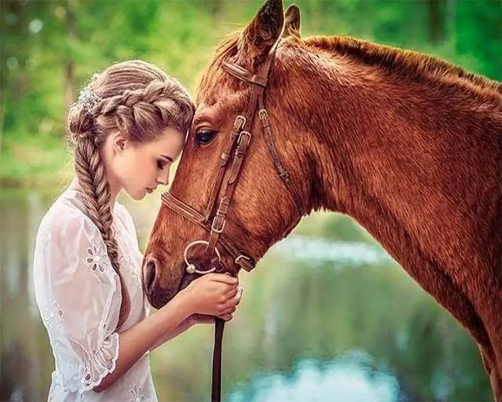 Broderie diamant Fillette et Cheval - Portrait délicat à personnaliser