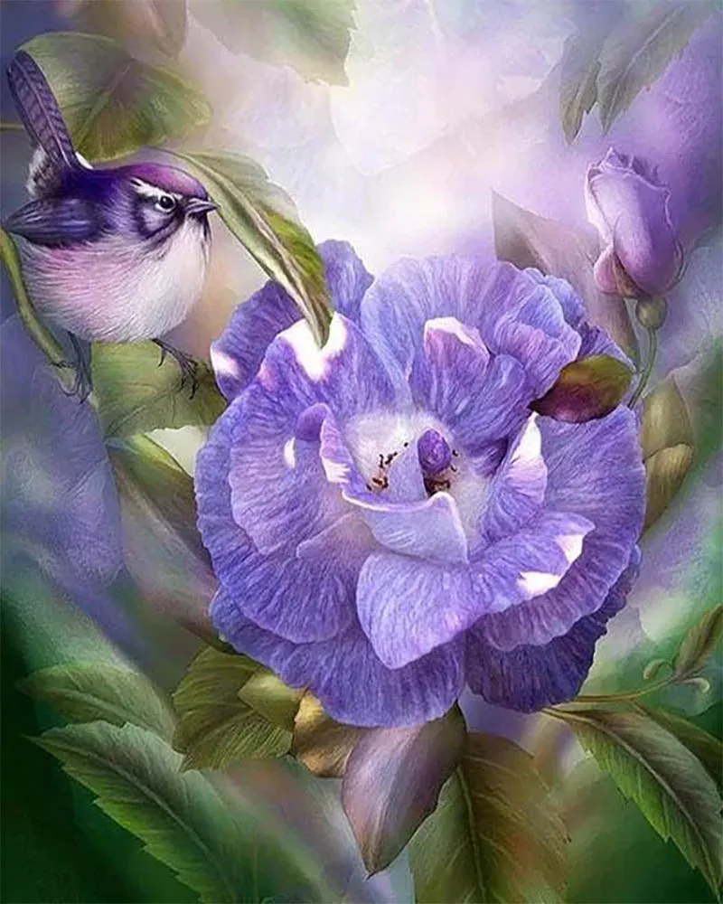 Broderie diamant Fleur Violette et Oiseau