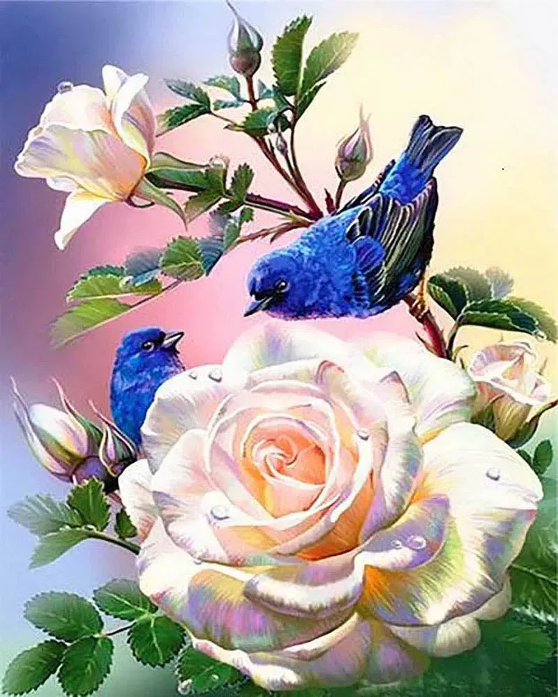 Broderie diamant Fleurs Blanches et Oiseaux Bleus - Kit animaux et nature