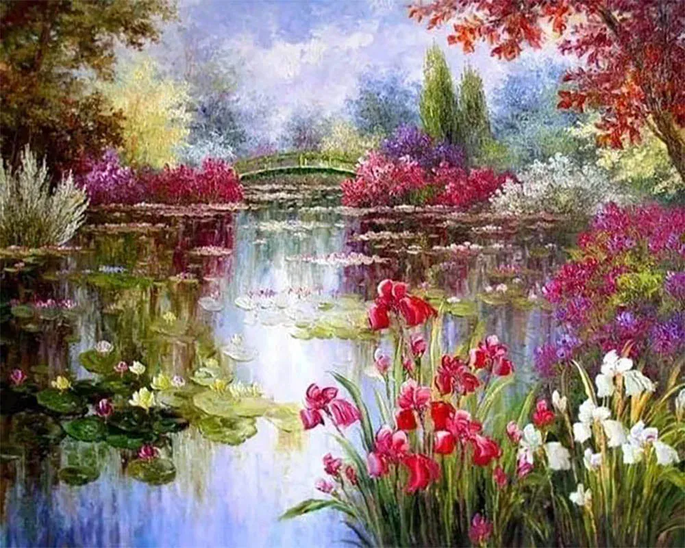 Broderie diamant Fleurs et Lac