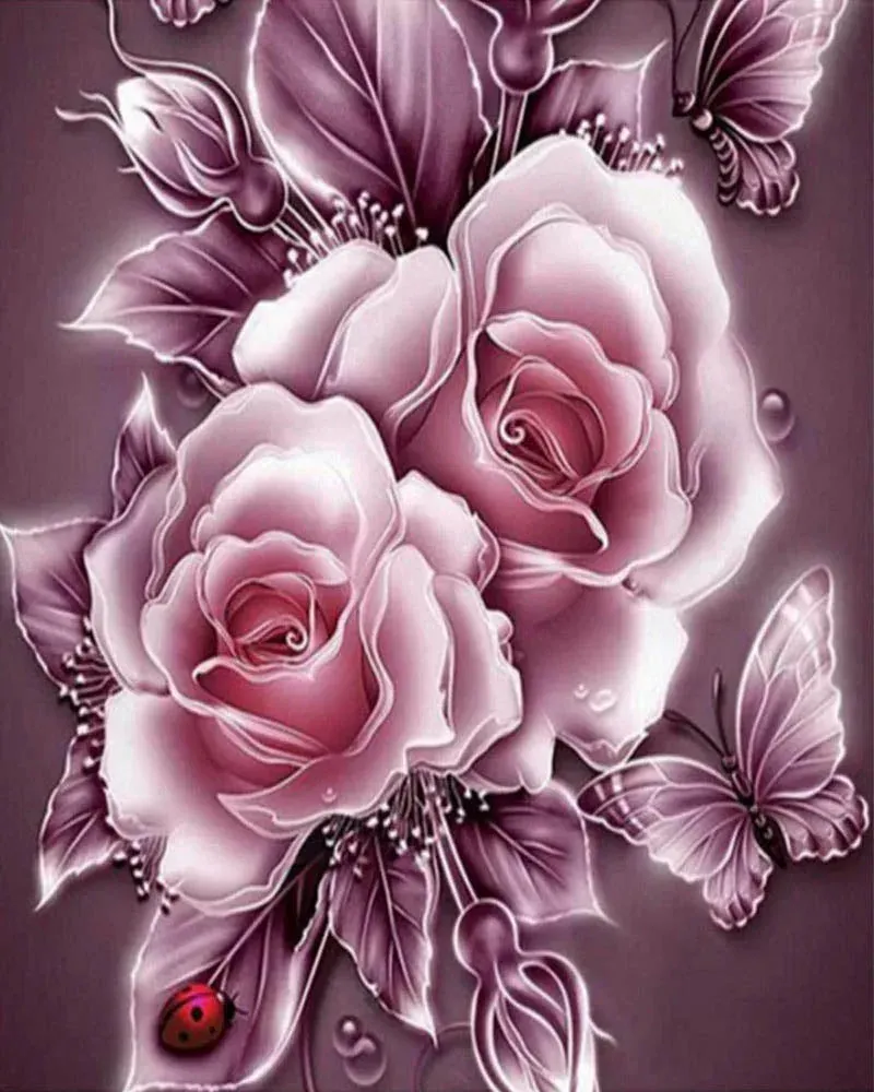 Broderie diamant Fleurs et Papillons argentés