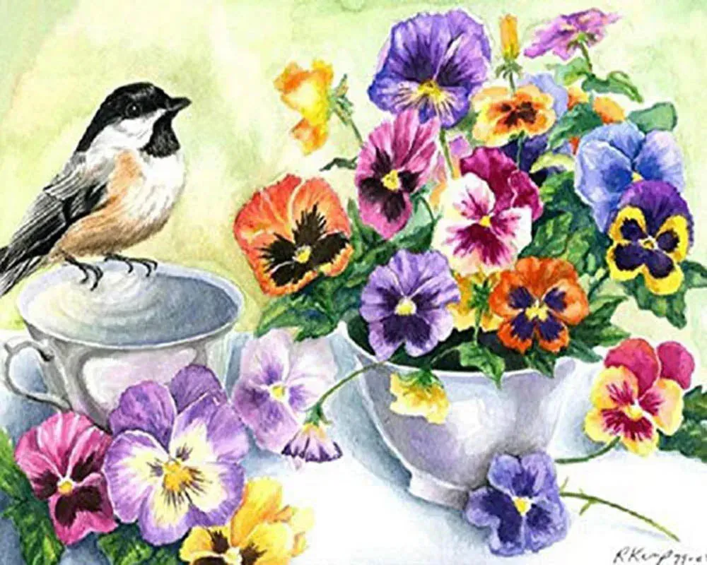 Broderie diamant Fleurs et Petit Oiseau - Kit animaux et nature élégant