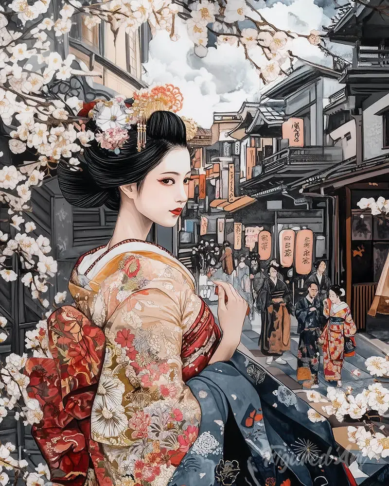 Broderie diamant Geisha dans une Rue Vintage - 20x25 cm