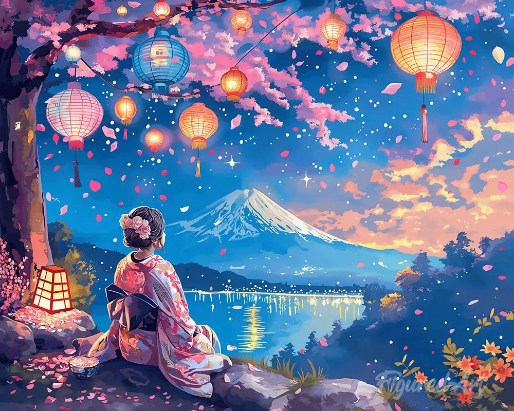 Broderie diamant Geisha, Lanternes et Mont Fuji - 40x50 cm