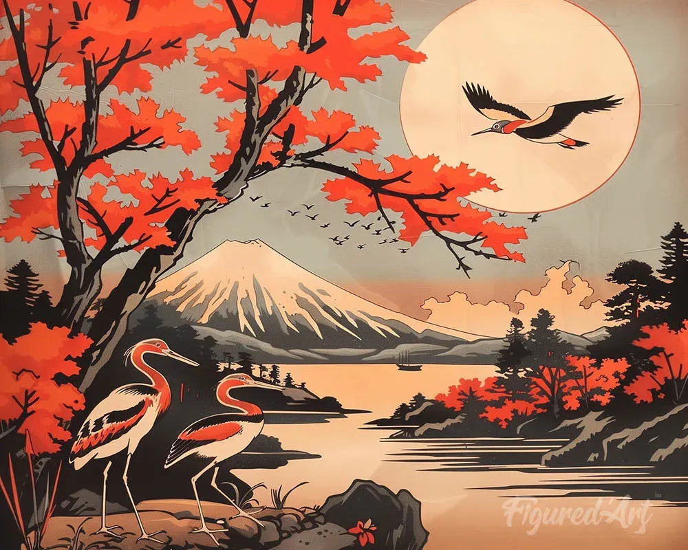 Broderie diamant Grues et Vue sur le Mont Fuji - 40x50 cm