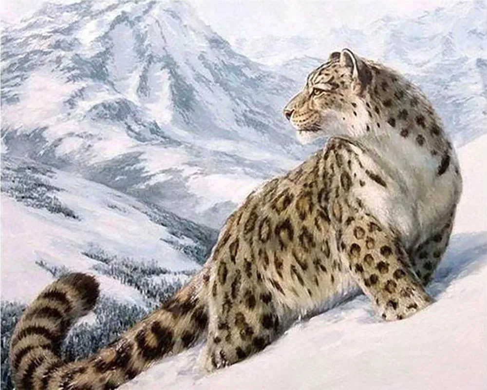 Broderie diamant Guépard des neiges - Élégance hivernale en kit complet