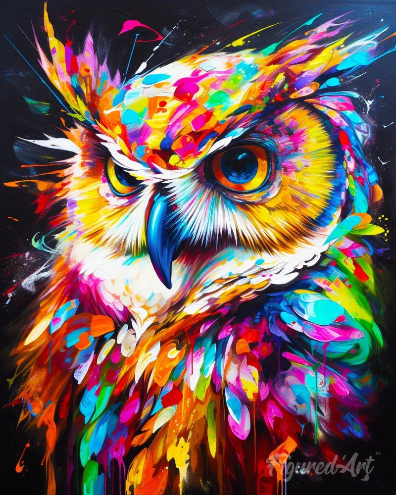 Hibou Coloré Abstrait - Broderie Diamant sur Toile Tendue 40x50cm