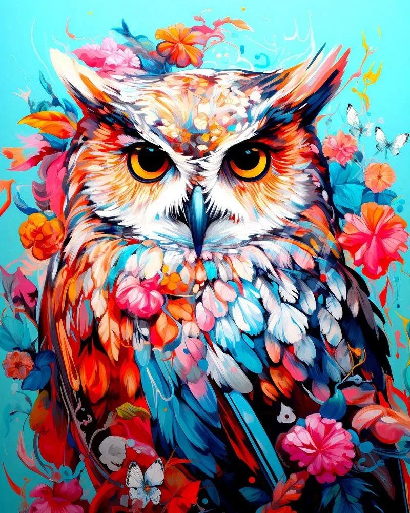 Hibou coloré parmi les fleurs - Broderie diamant animalière