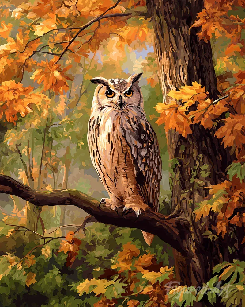 Hibou dans les feuilles dorées - Broderie diamant animaux d'automne