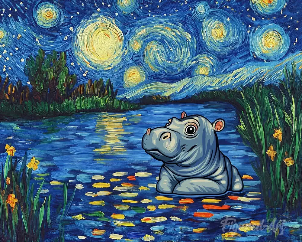 Hippopotame sous la Nuit Étoilée - Broderie Diamant Mille Facettes