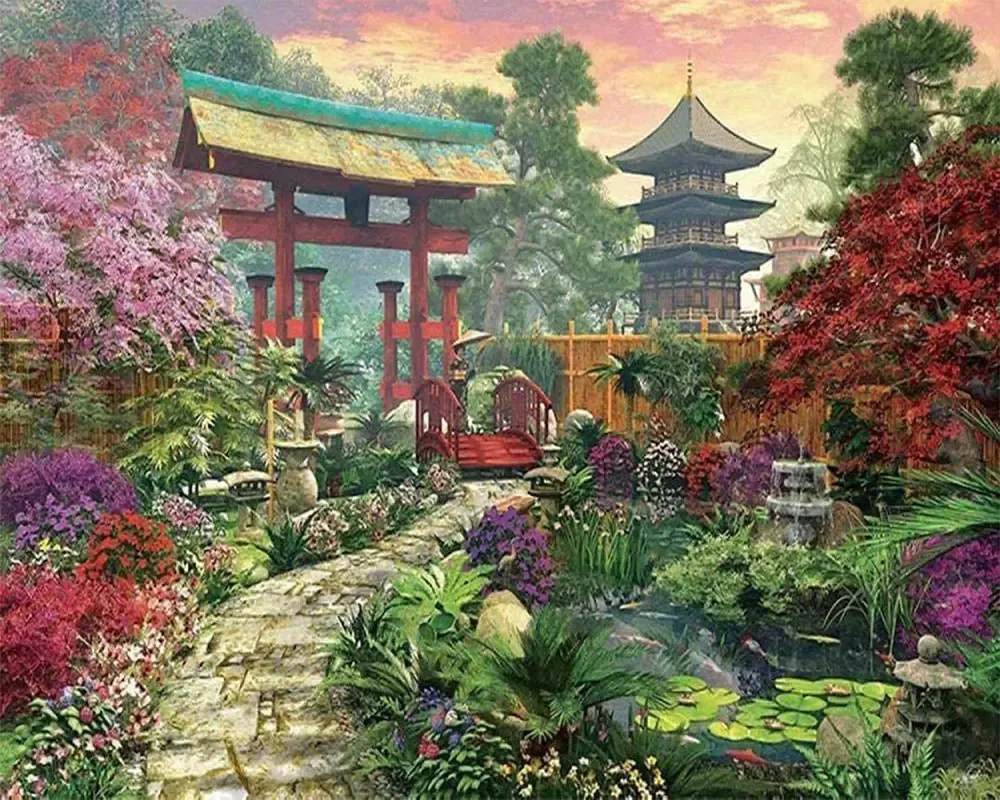 Broderie diamant Jardin menant au temple