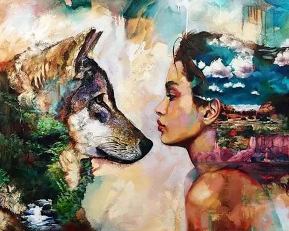 Broderie diamant Jeune Femme et Loup - Fantaisie romantique animalière
