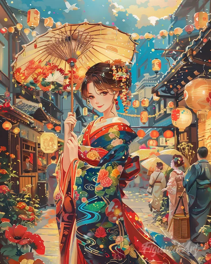 Broderie diamant Jeune Fille en Kimono au Festival des Lanternes - 40x50 cm