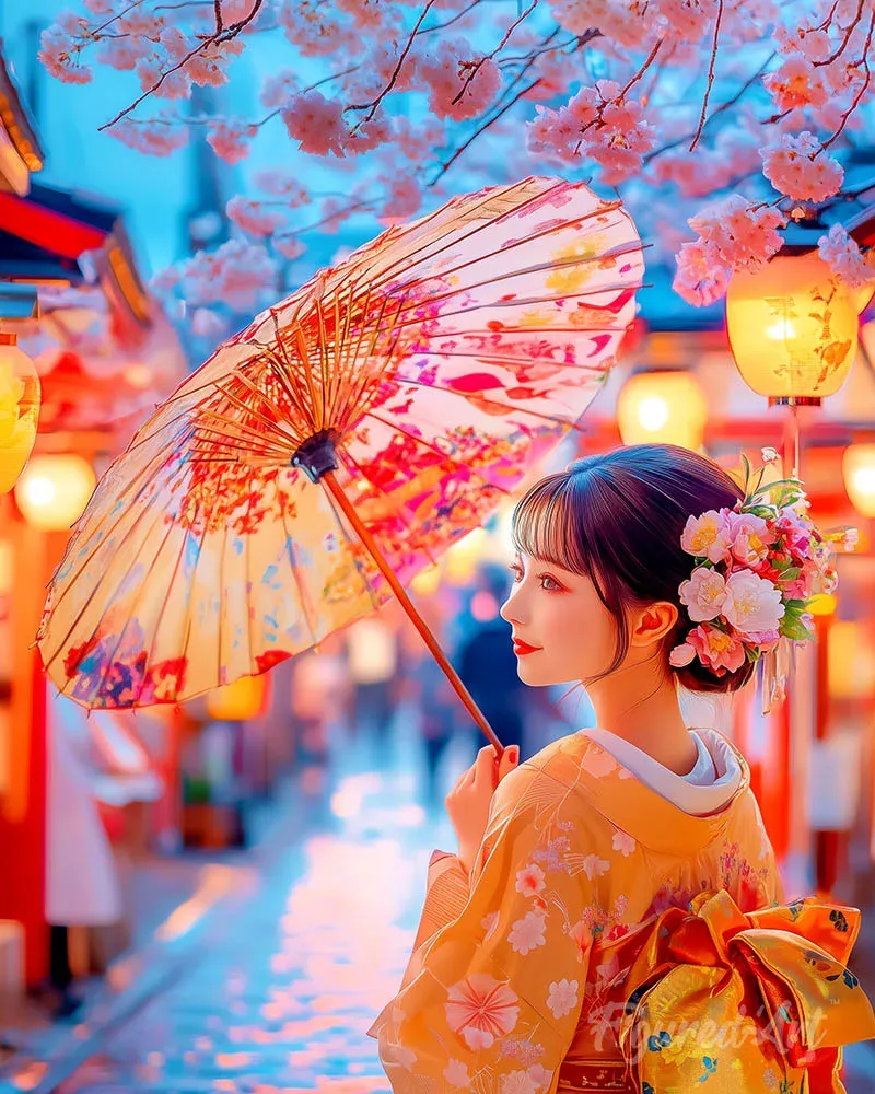 Broderie diamant Jeune Fille en Kimono Rue des Cerisiers en Fleurs
