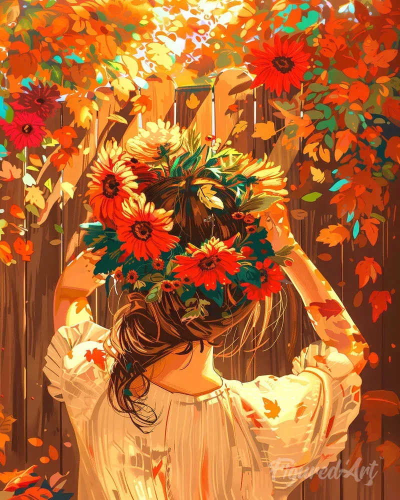 Broderie diamant Jeune fille et Couronne d'Automne