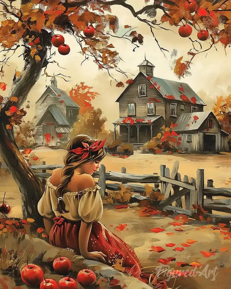 Broderie diamant Jeune Fille vintage à la campagne en Automne