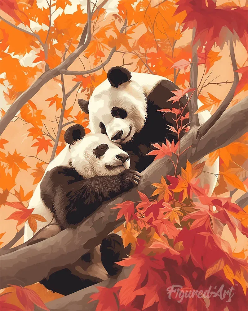 Broderie diamant Jumeaux Pandas en Automne